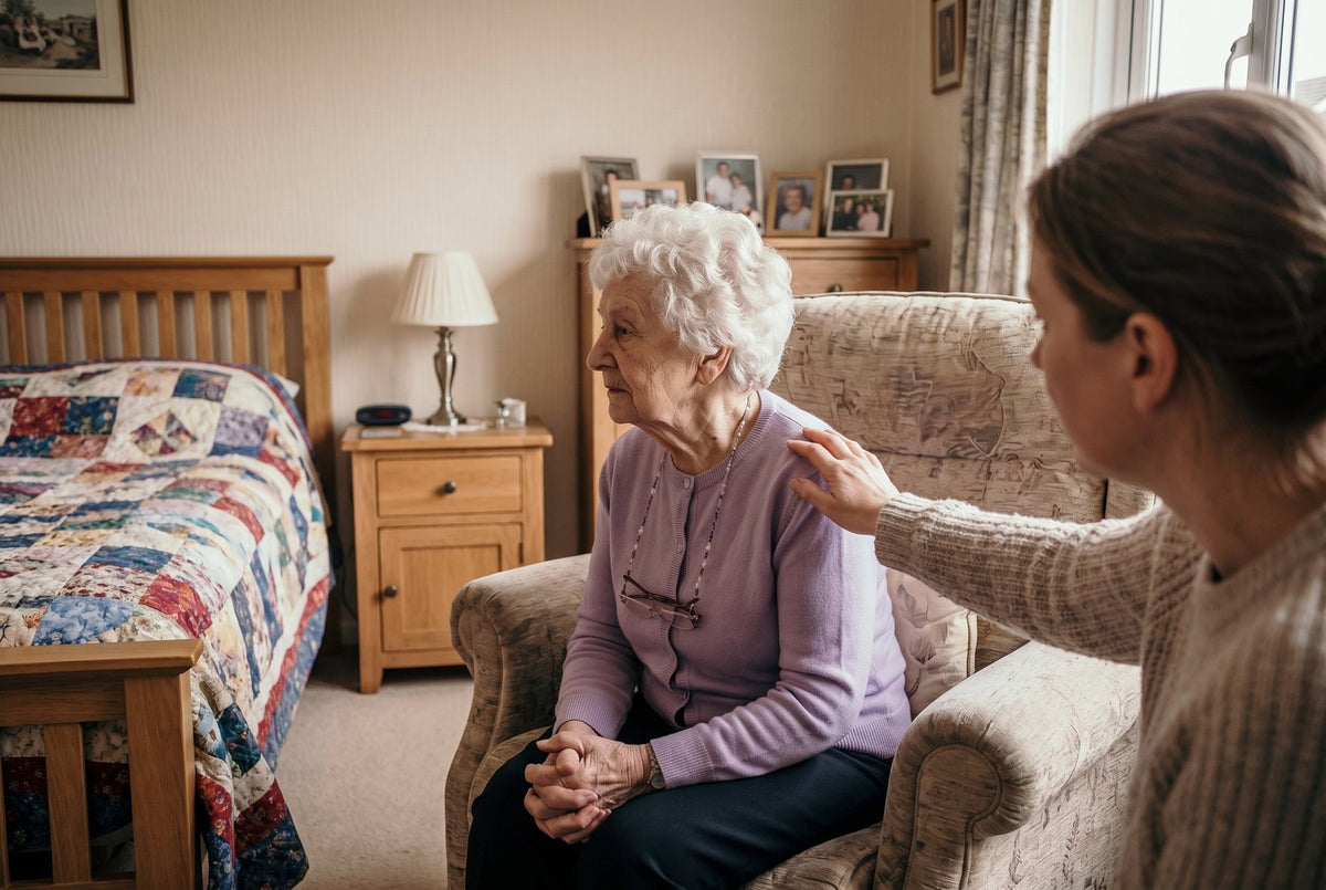 An elderly mother turned away, hurt, while her daughter reaches out