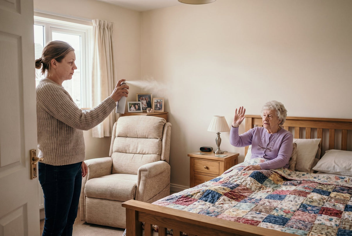 A daughter spraying air freshener while her mother waves it away