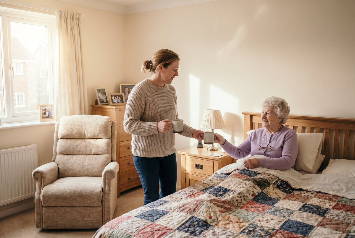 A daughter and her elderly mother smiling together in a bright bedroom