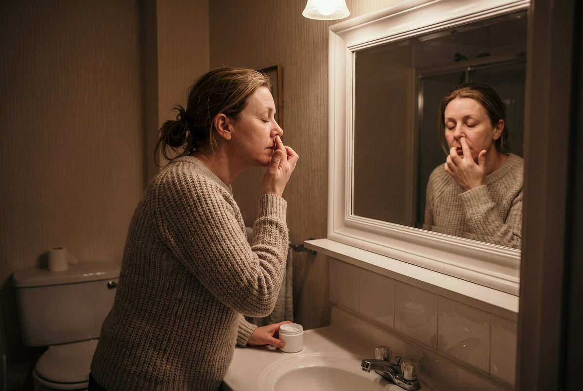 A daughter rubbing menthol under her nose at the bathroom mirror