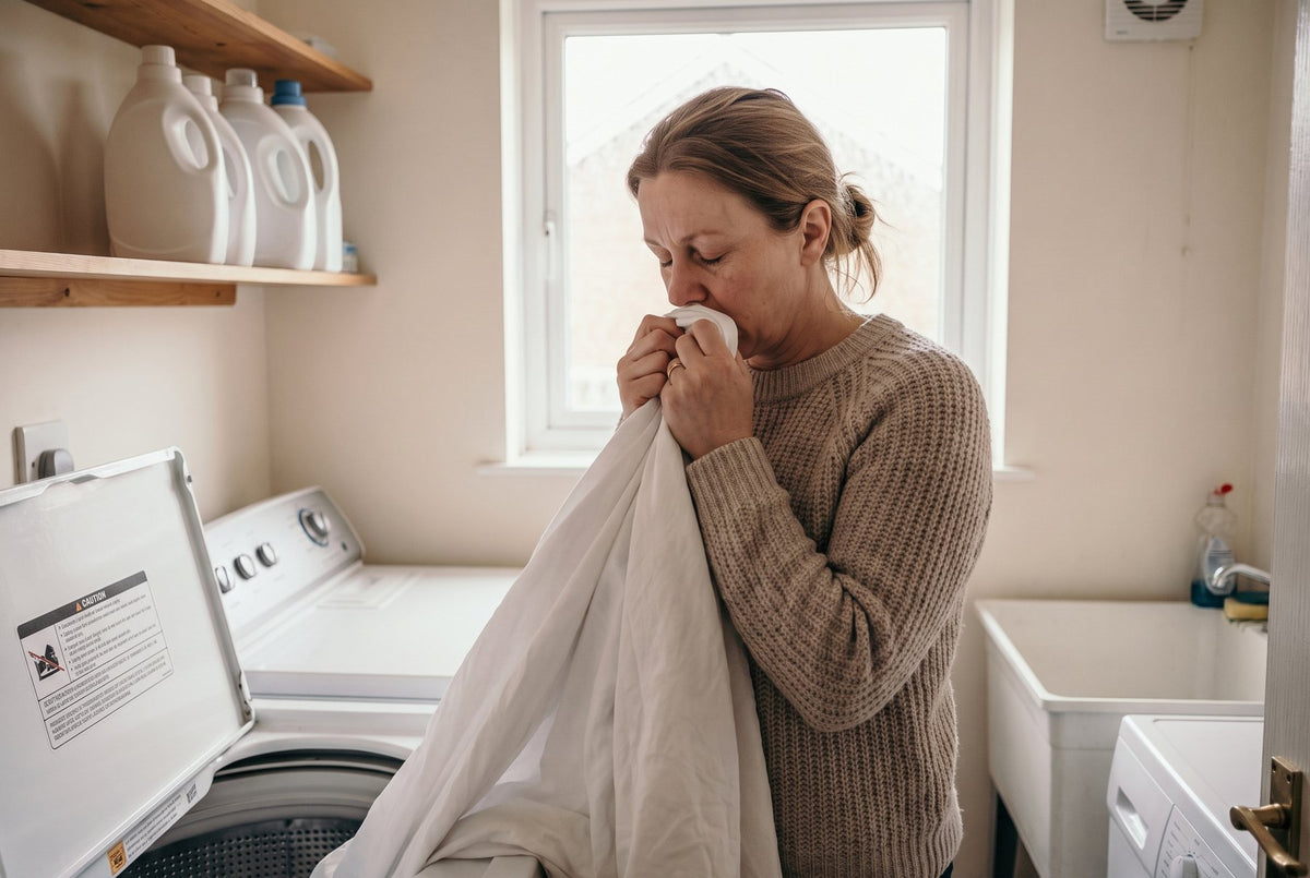 A woman smelling a freshly washed sheet with a defeated expression