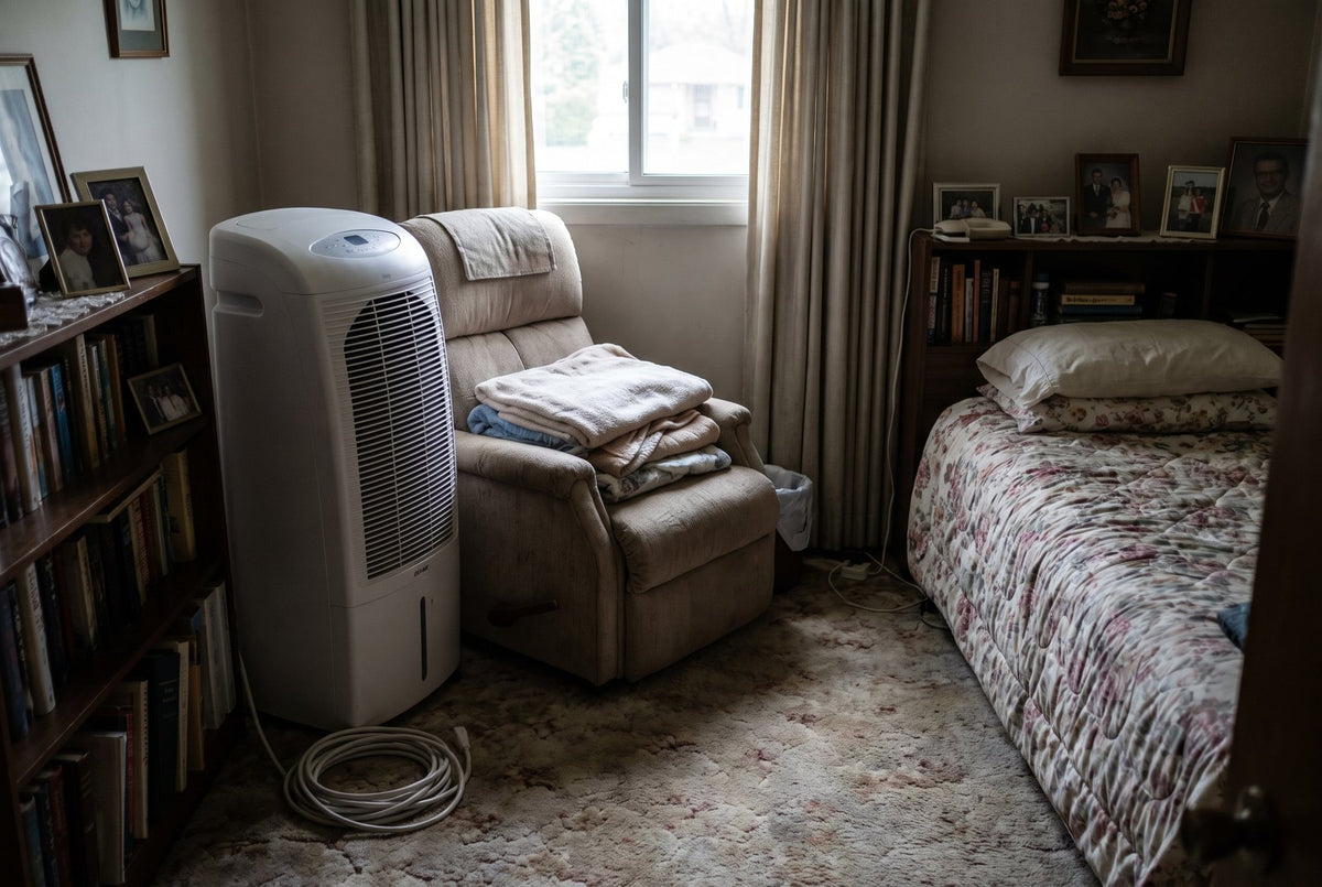 A large unplugged air purifier in the corner of a bedroom