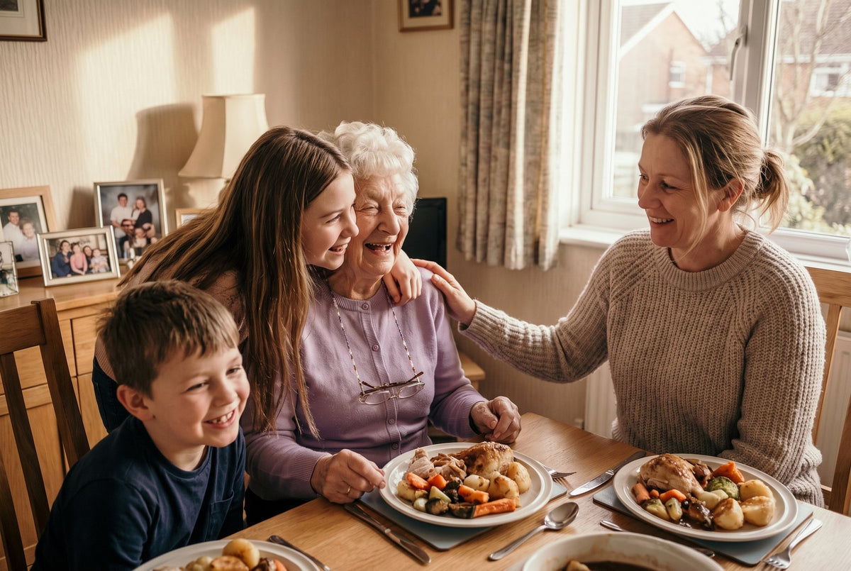 A grandmother laughing with her family at Sunday dinner