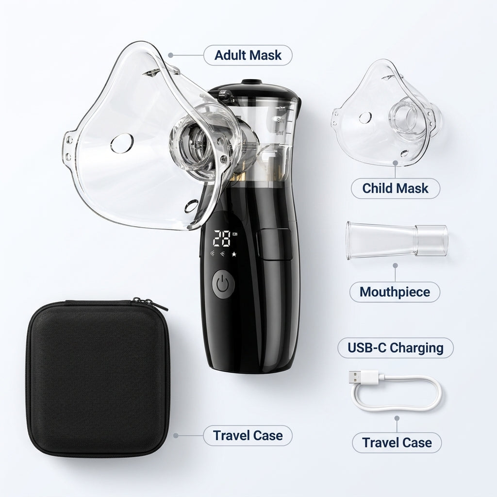 What is included: nebulizer unit, adult mask, child mask, mouthpiece and accessories